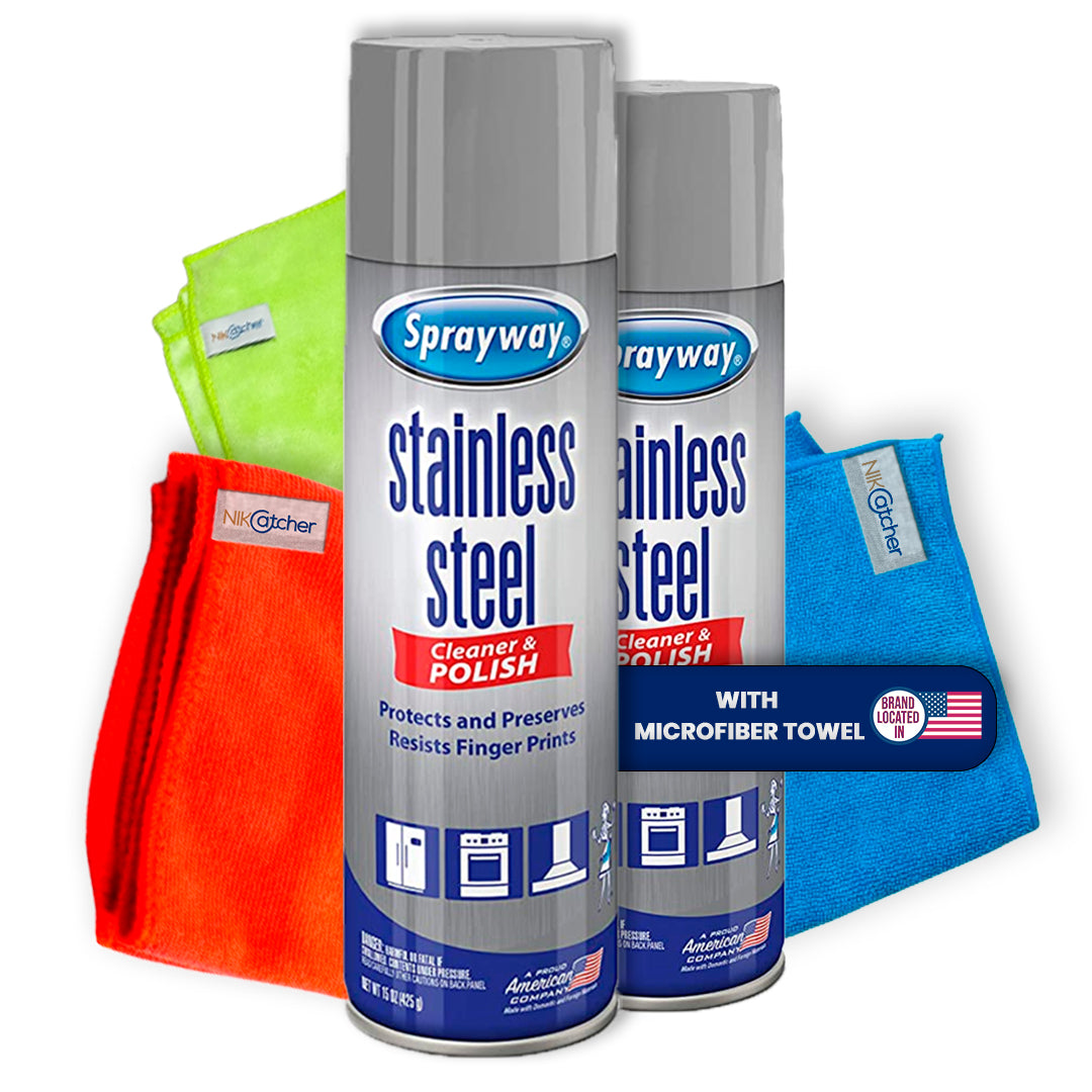 NikCatcher Bundle: Sprayway Stainless Steel, Cleaner and Polisher, Pack of 2 Spray (15 oz. Can.) with 3-Pack 16x16 400 GSM Microfiber Cleaning Cloth Towel Rags