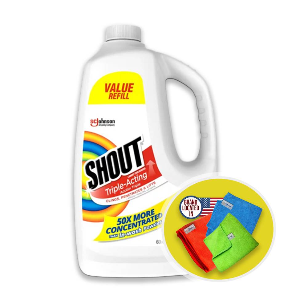 Shout Triple-Acting Stain Removing Spot Treatment 60 Oz with 3-Pack NikCatcher 16x16" 400 GSM Microfiber Cleaning Cloth Towel Rags, (Color may vary)