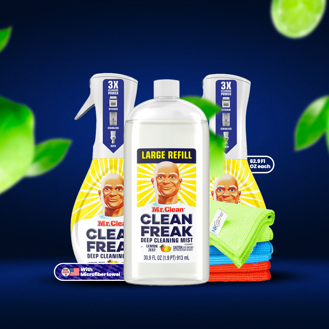 Mr. Clean Clean Freak Multi-Surface Spray + Refill, Lemon Zest (62.9 fl. oz.) Bundle Microfiber Cleaning Cloth (3-Pack) - Household Essentials and Cleaning Supplies