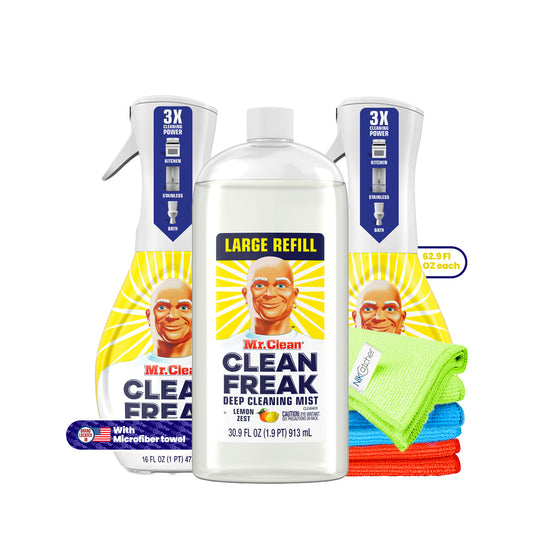 Mr. Clean Clean Freak Multi-Surface Spray + Refill, Lemon Zest (62.9 fl. oz.) Bundle Microfiber Cleaning Cloth (3-Pack) - Household Essentials and Cleaning Supplies