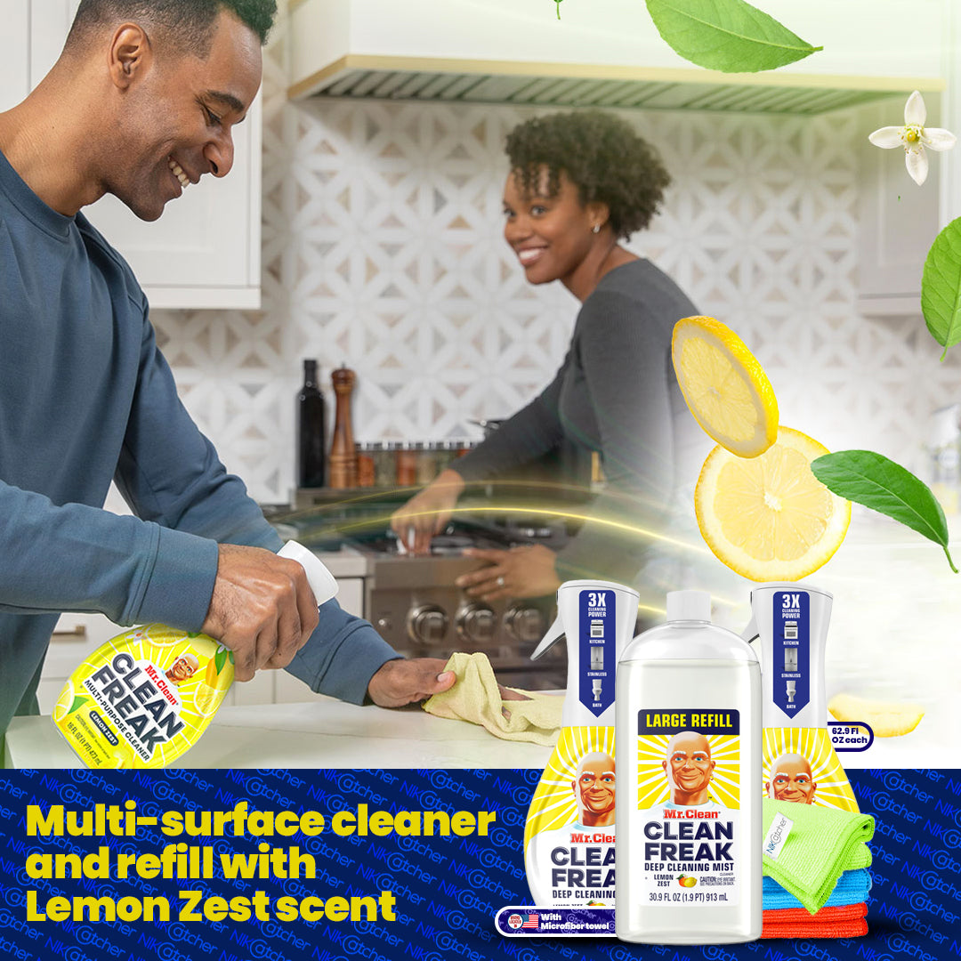 Mr. Clean Clean Freak Multi-Surface Spray + Refill, Lemon Zest (62.9 fl. oz.) Bundle Microfiber Cleaning Cloth (3-Pack) - Household Essentials and Cleaning Supplies