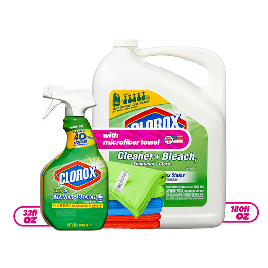 Clorox Clean-Up Cleaner with Bleach Spray Bottle, 32 oz. with Refill Bottle, 180 oz. bundle with NikCatcher 16x16" 400 GSM Microfiber Cleaning Cloth Towel Rags, (Color may vary) G