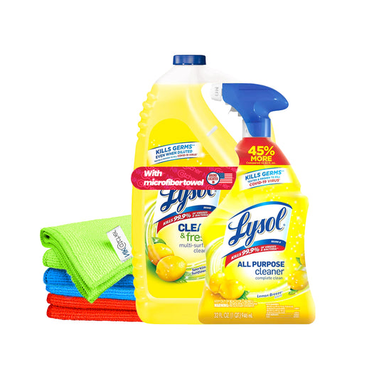 Lysol All-Purpose Cleaner, 32 oz. Trigger Bottle with 144 oz. Refill, Lemon Breeze bundle with NikCatcher 16x16" 400 GSM Microfiber Cleaning Cloth Towel Rags, (Color may vary)
