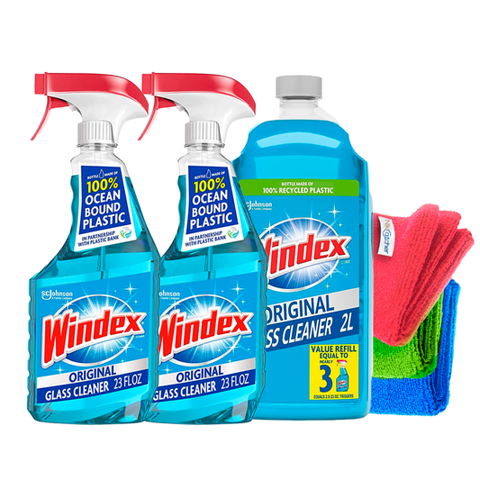 Windex Glass and Window Cleaner Spray Bottle 23 oz. (2pack) + 67.7 Oz Refill Bundle - 3-Pack Towels Microfiber Cleaning Cloth 16x16 400 GSM