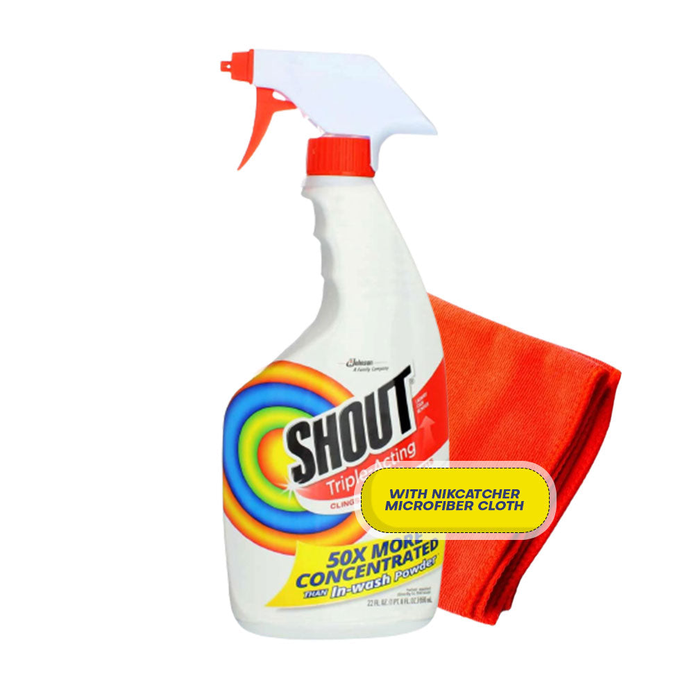 Shout Triple-Acting Stain Removing Spray 22 Oz Bundle with NikCatcher 16x16&#34; 400 GSM Microfiber Cleaning Cloth Towel Rags (Color May Vary) - Stain Removal and Cleaning Powerhouse bundle