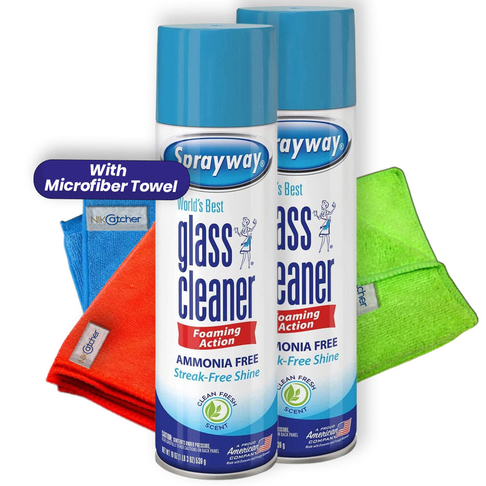 Sprayway, Glass Cleaner Pack of 2 spray foam with 3-Pack Bonus NikCatcher Microfiber Cleaning Cloth Towel Rags (19 Oz Can.)